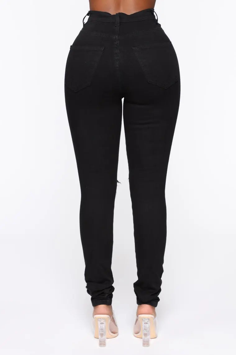 Ripped Black Ladies High Waist Stretch Skinny Denim Jeans