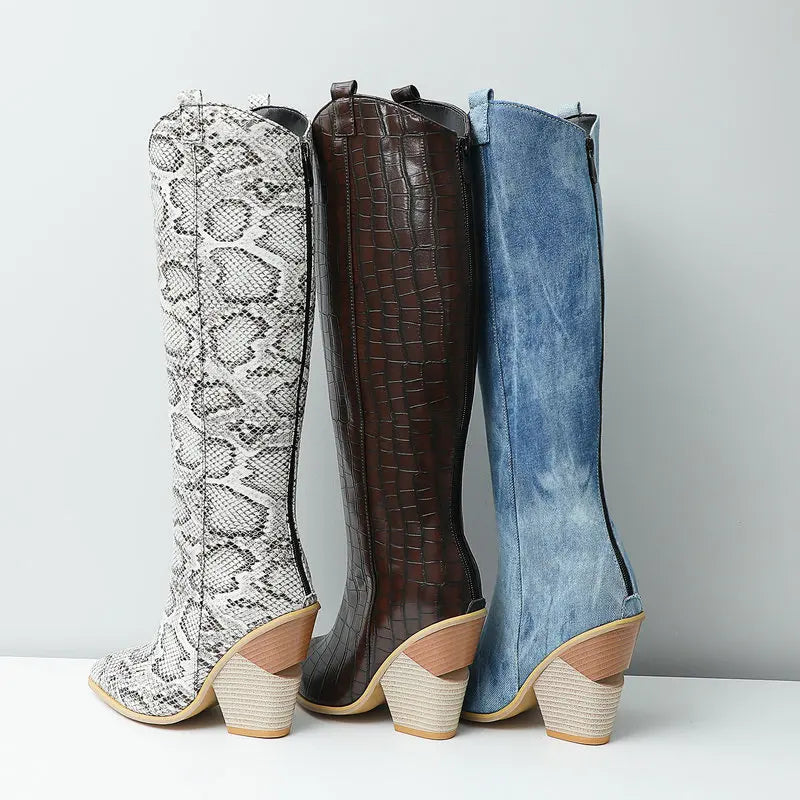 Western Snake Print Wedge Heel Knee High Pointed Toe Zipper Boots