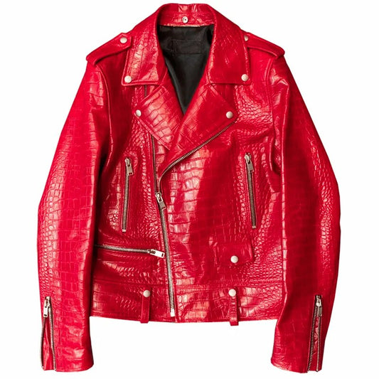 Crocodile Pattern Red Men's Faux Leather Zipper Biker Motorcycle Jacket