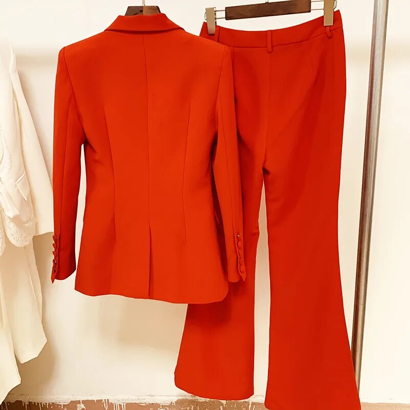 Designer Blazer Single Button Red Blazer + Flare Pants Business/Office Suit