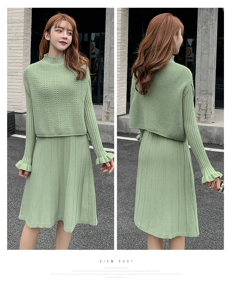 Solid Long Sleeve Pullover Sweater + Knitted Pleated Midi Skirt 2-Piece Set