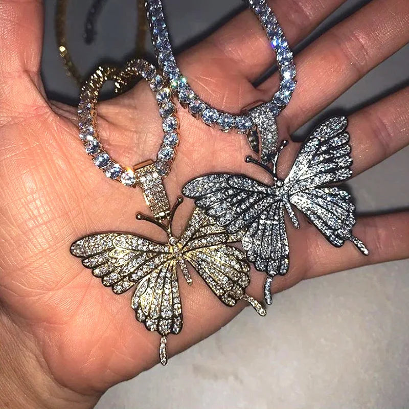 Punk Shiny Zircon Big Butterfly Pendant Necklace Hip-Hop Thick Cuban Chain