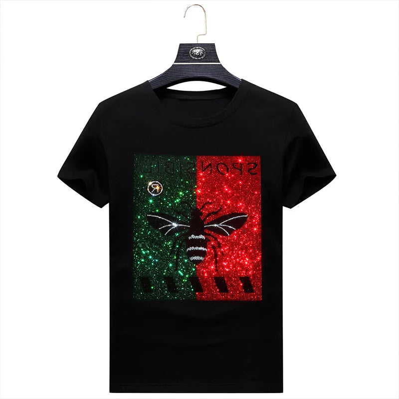 Rhinestone Men's Bumblebee Short Sleeve Streetwear O-Neck Cotton T-Shirt