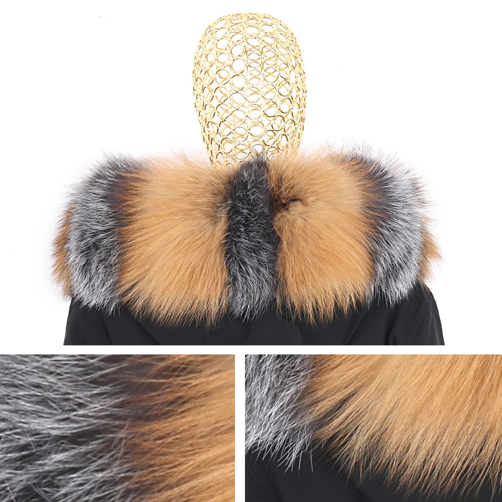 Colorblock Real Fur Oversized Collar Hip-Hop Design Women's Hooded Full Pelt Trenchcoat