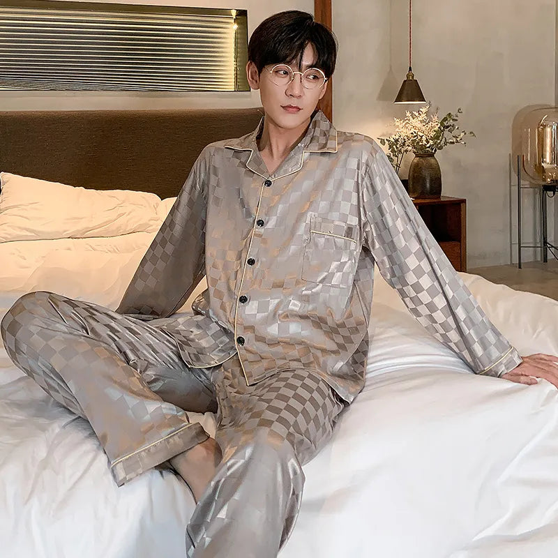 Men's Trousers Plaid High Quality Silky Pajamas Set