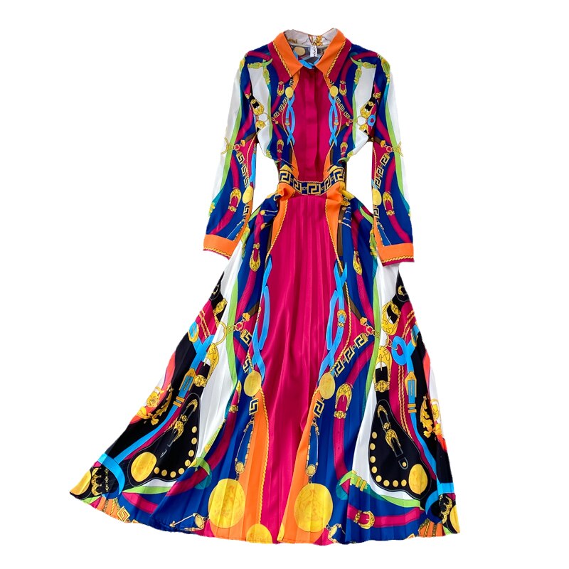 Roman Baroque Lapel Waist Big Swing Seaside Printed Pleated Dress