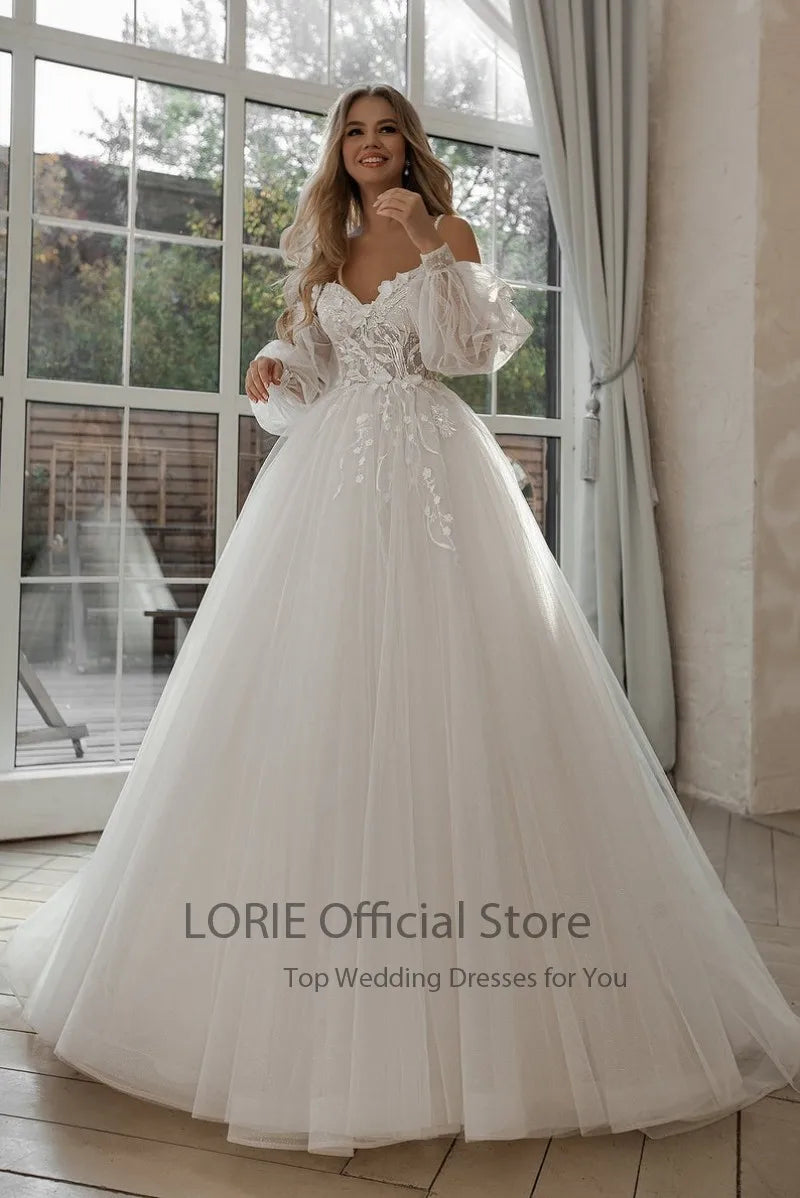 Glitter Puff Sleeve Lace 3D Floral Patttern Off Shoulder Tulle Bohemian Floor-Length Bridal Wedding Gown Dress w/ Sweep Train