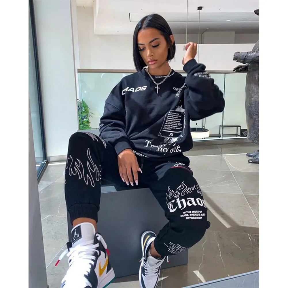 Women Tracksuit 2 Pieces Set Autumn Letter Printed Oversized Hoodies Sweatshirt Pants Suit Sweatpants Outfits Matching Sets