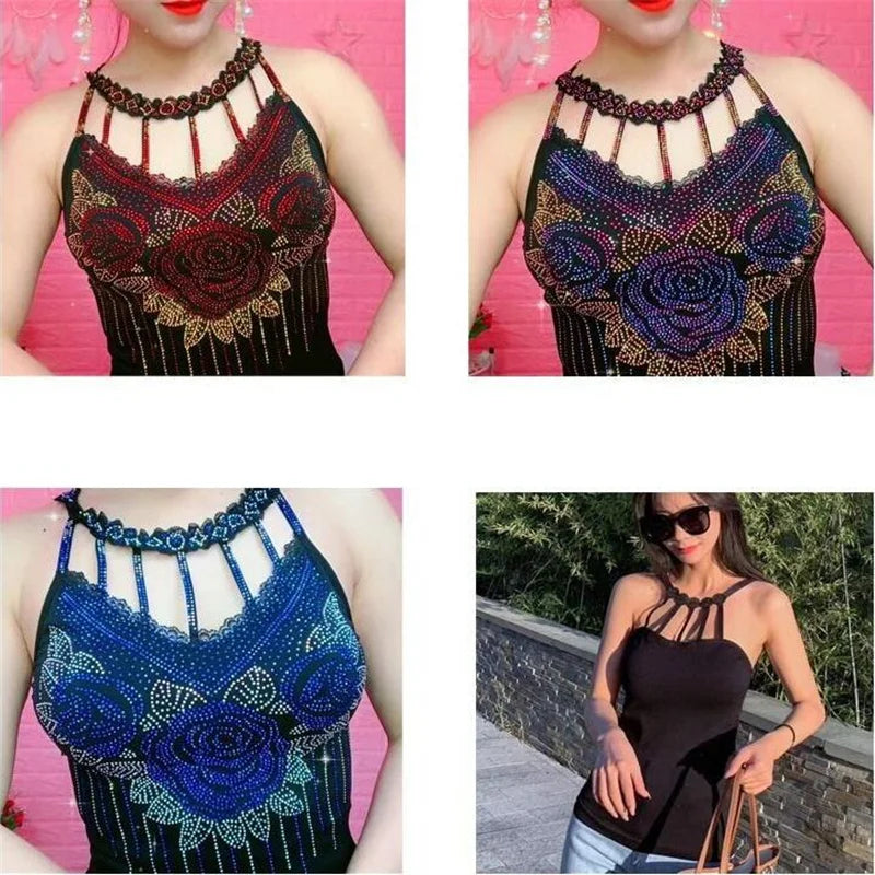 Diamond Corset Camisole Sleeveless Rose Flower Sling Blouse