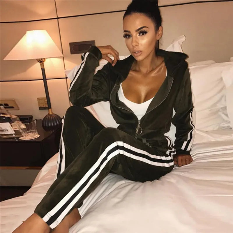 Velvet Ladies Side Striped Zipper Hooded Tracksuit