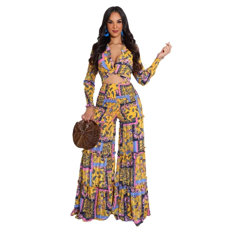 Paisley Floral Tie Front Women's Printed Long Sleeve Bodycon Crop Top + Baggy Pleated Pants 2-Piece Set