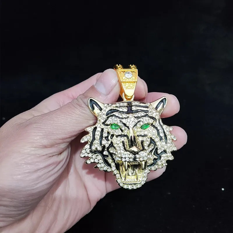3D Tiger Pendant Crystal Cuban Chain Hip-Hop Iced Out Bling Chain Necklace