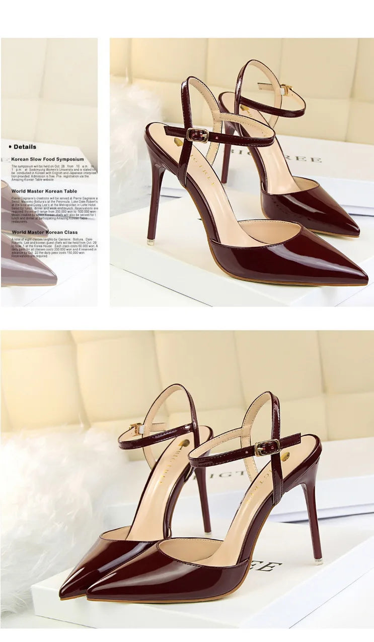 Patent Leather Stiletto Heel Buckle Strap Solid Color Sandal Pumps