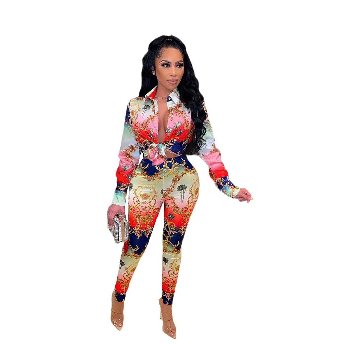 Baroque Colorblock Paisley Women's Long Sleeve Blouse + Skinny Leggings 2-Piece Set