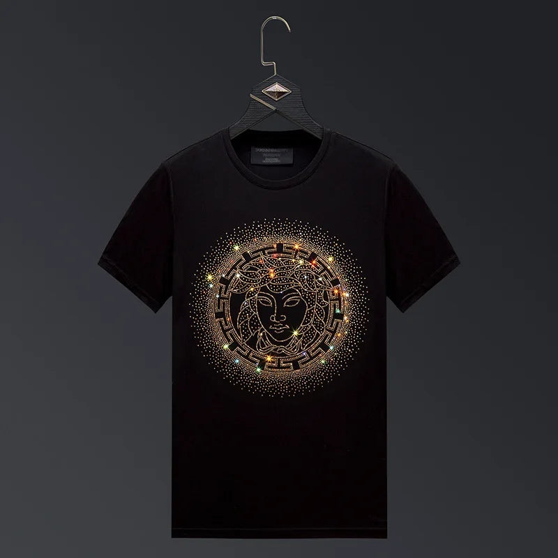 Men's Gold Rhinestone Embroidered Short Sleeve Streetwear Cotton O-Neck T-Shirt