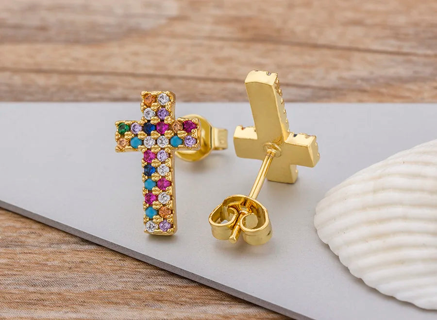 Rainbow Cross Gold Color Micro Paved CZ Earrings