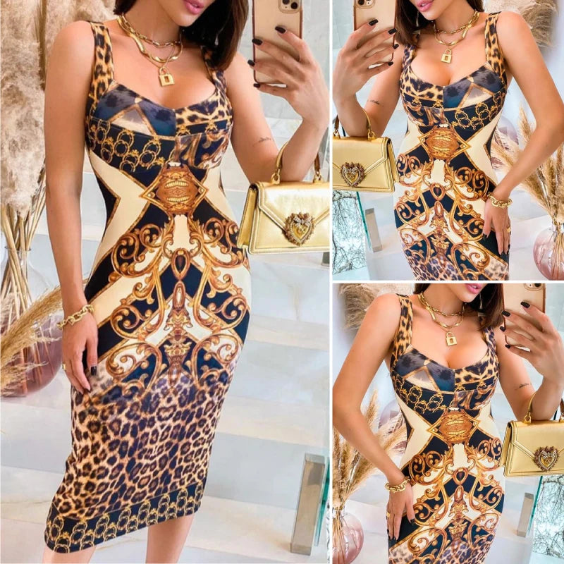 Sleeveless Baroque Leopard Print Colorblock Spaghetti Strap Midi Dress