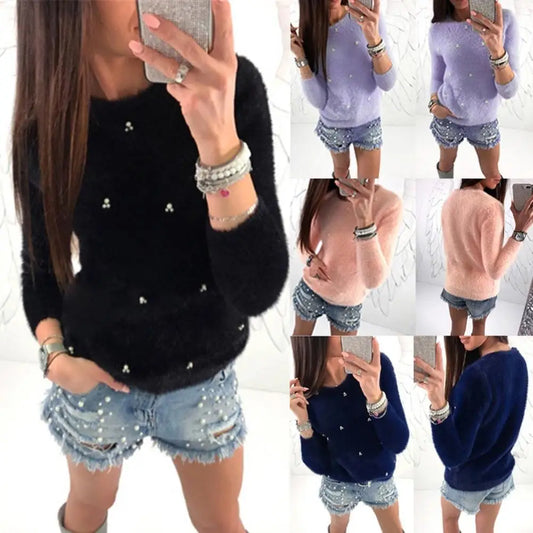 Fleece Pearl Beaded Solid Color Plush Long Sleeve Pullover Ladies Sweater