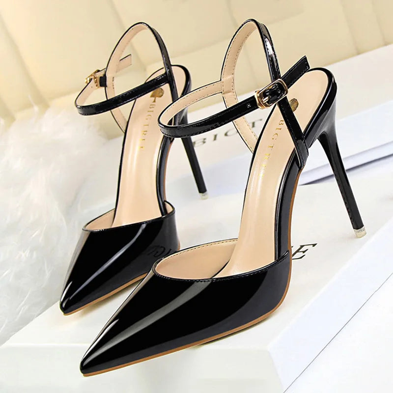 Patent Leather Stiletto Heel Buckle Strap Solid Color Sandal Pumps
