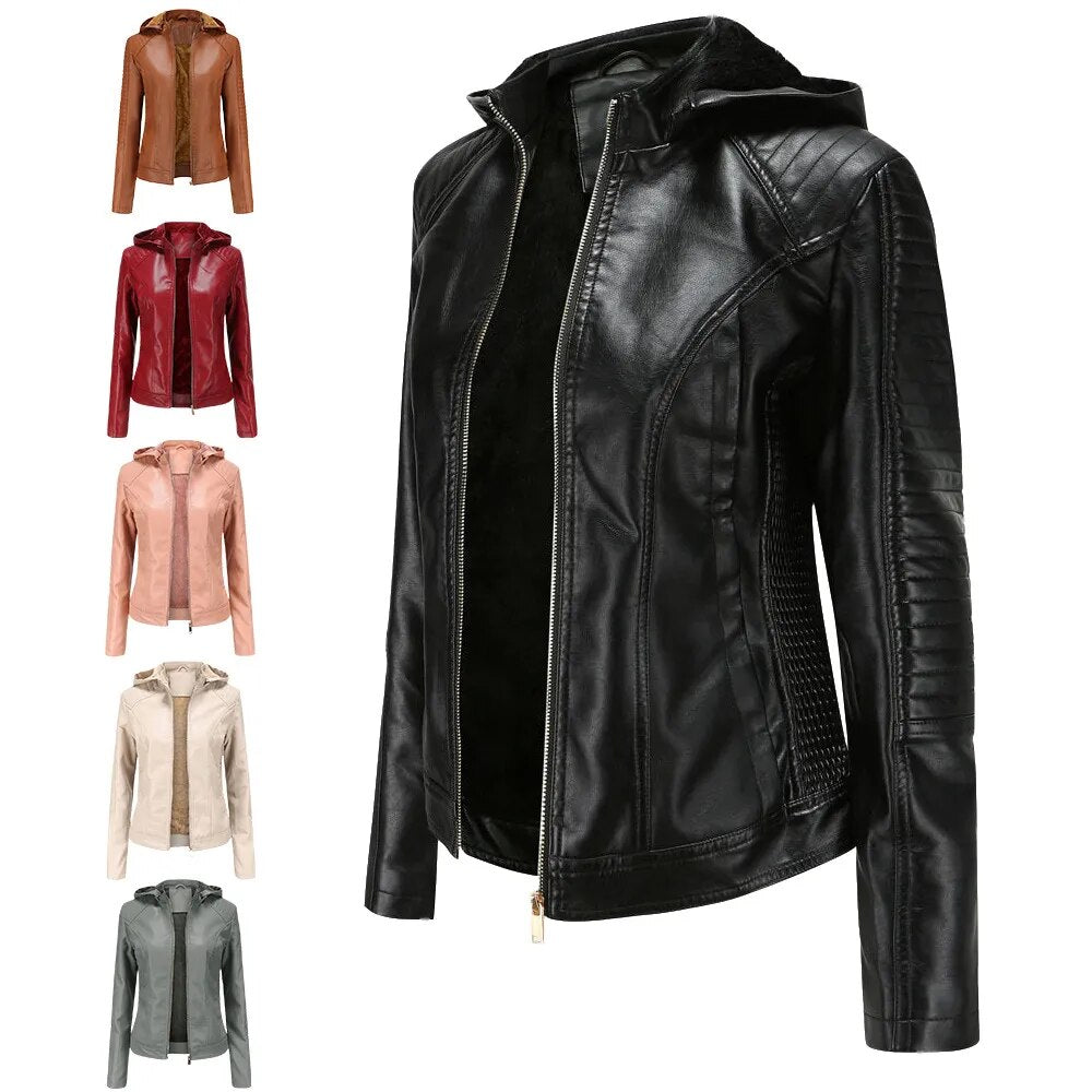 Fleece Hooded  Leather Women's Trim Motorcycle Jacket