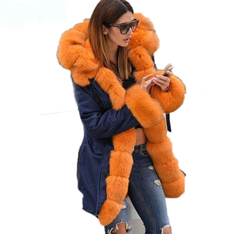Colorblock Real Fur Oversized Collar Hip-Hop Design Women's Hooded Full Pelt Trenchcoat