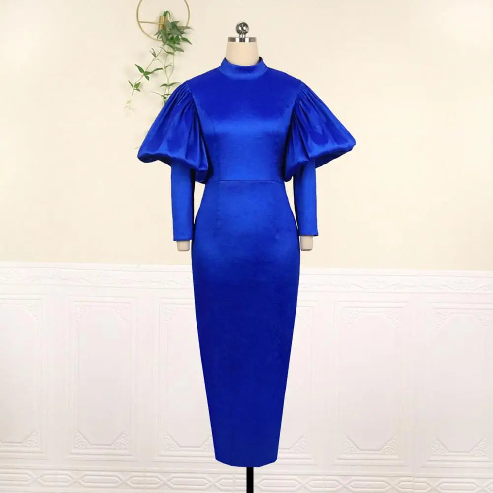 Satin Lantern Sleeve High Collar Bodycon Dress