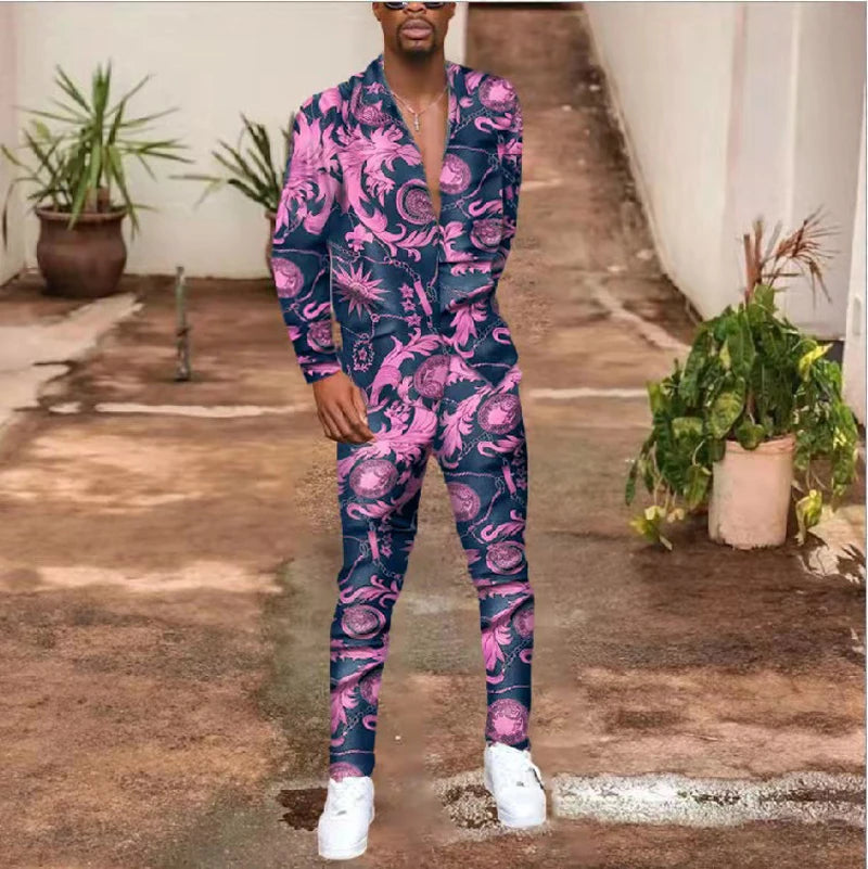 Men's Floral/Baroque Print Streetwear Long Sleeve Dress Shirt + Pants Matching 2-Piece Set to 3X Big & Tall