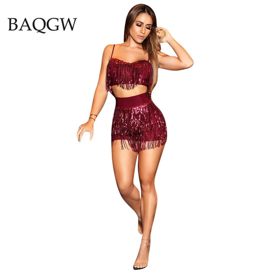 Sequined Tassel Design Women's Spaghetti Strap Crop Tank Top + Matching Mini Shorts 2-Piece Set