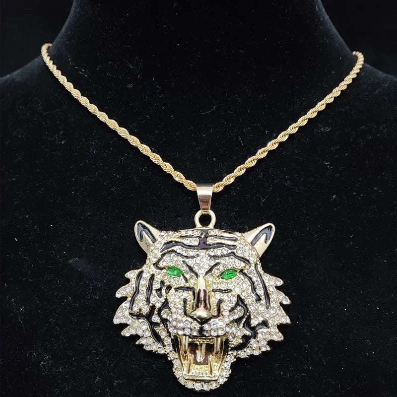 3D Tiger Pendant Crystal Cuban Chain Hip-Hop Iced Out Bling Chain Necklace