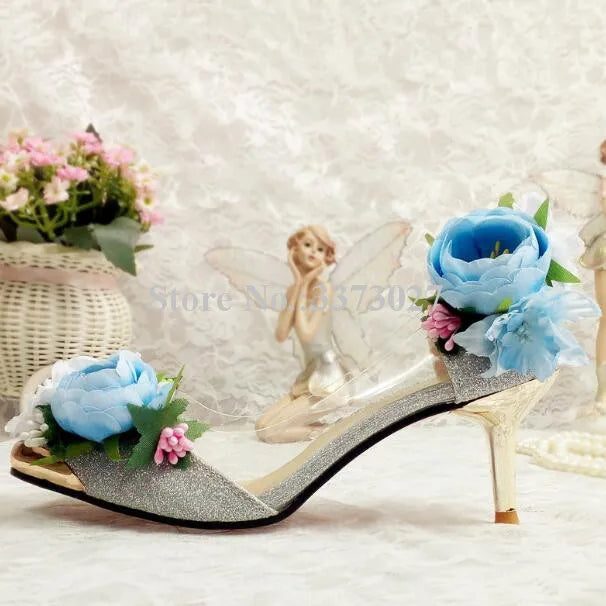 Pink/Baby Blue Rose Flower Decor Women's High Heel Pointed Toe Slip-On Pumps