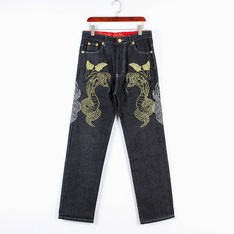 Men's Denim Embroidered Snake Print Baggy Hip-Hop Streetwear Jeans