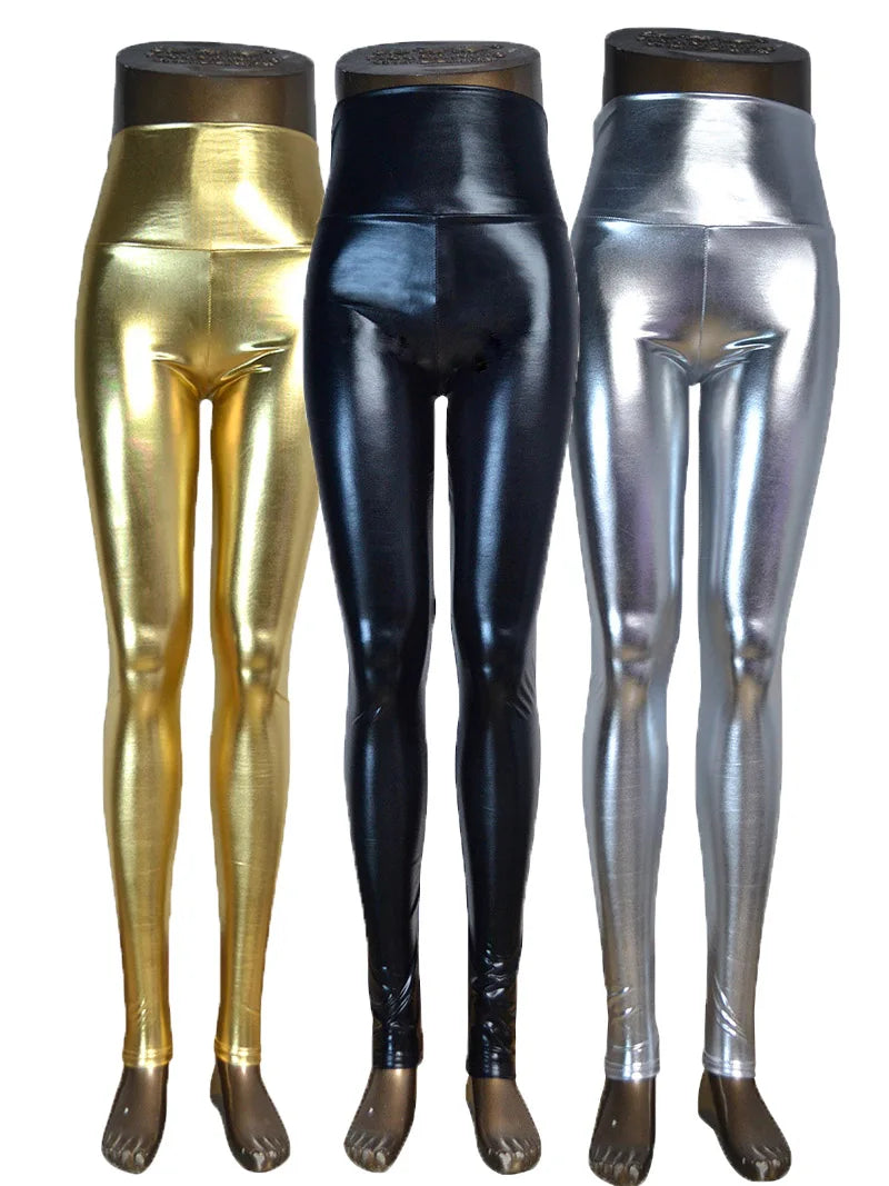 Metallic High Waist Shiny Faux Leather Stretch Leggings