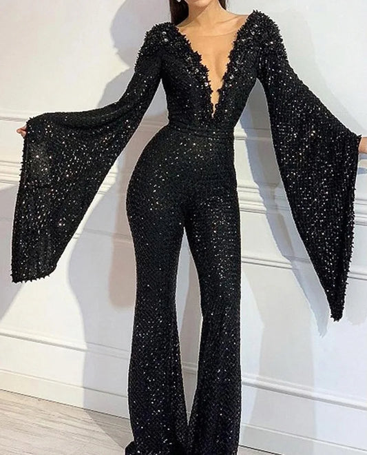 Black Glitter Sequin Deep V-Neck Long Batwing Sleeved Solid Straight  Jumpsuit