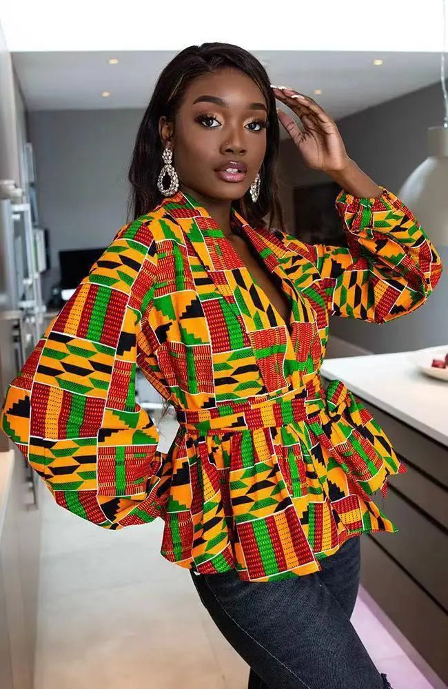 African Print Women's V-Neck Long Sleeve Blouse