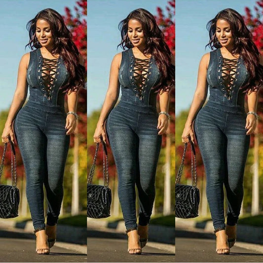 Denim Blue Criss-Cross Pattern Hollow-Out, Lace-Up, V-Neck Sleeveless Jean Jumpsuit