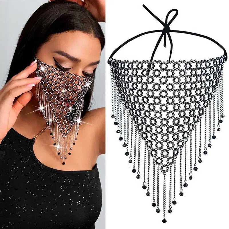 New Fashion Crystal Masquerade Mask Women Party Jewelry Fishing Net Metal Rhinestone Tassle Shining Face Mask