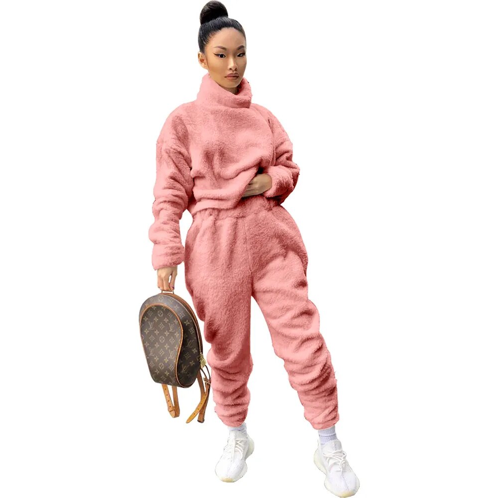 Fleece Hoodie Long Sleeve Sweatshirt + Matching Sweatpants 2-Piece Set