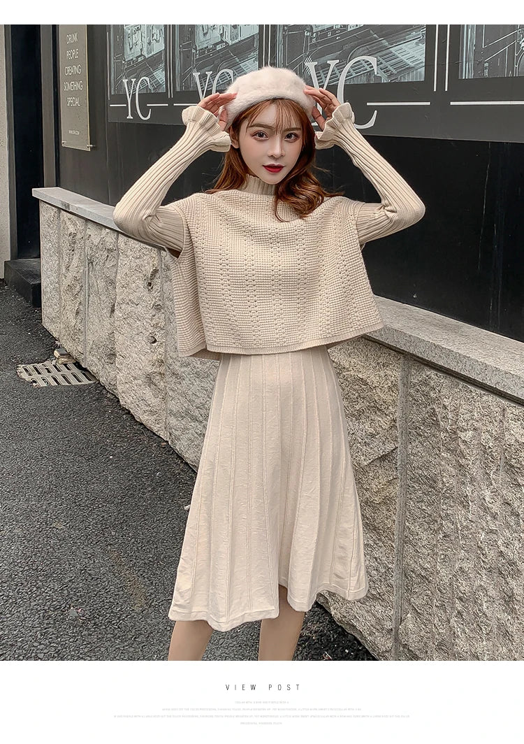 Solid Long Sleeve Pullover Sweater + Knitted Pleated Midi Skirt 2-Piece Set