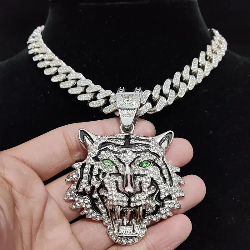 3D Tiger Pendant Crystal Cuban Chain Hip-Hop Iced Out Bling Chain Necklace