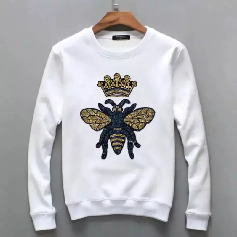Men's Black Rhinestone Bumblebee/Skull Print Long Sleeve Hip-Hop O-Neck Sweatshirt