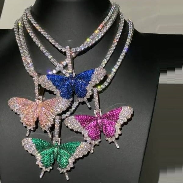 Micro Paved Colorful CZ Butterfly Pendant Necklace