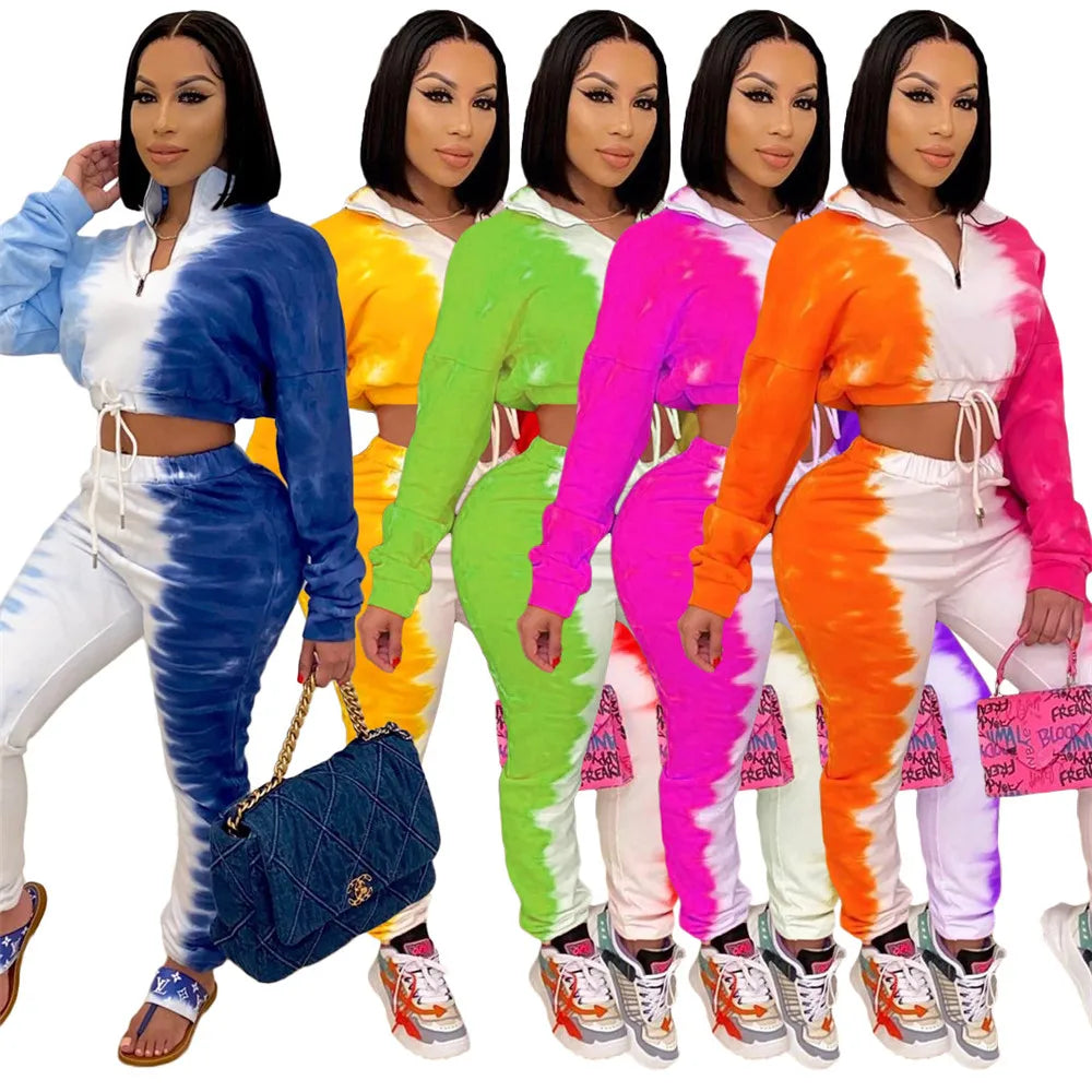 Tie-Dye Colorblock Women's Long Sleeve Zipper Pullover Crop Top + Sweatpants Tracksuit