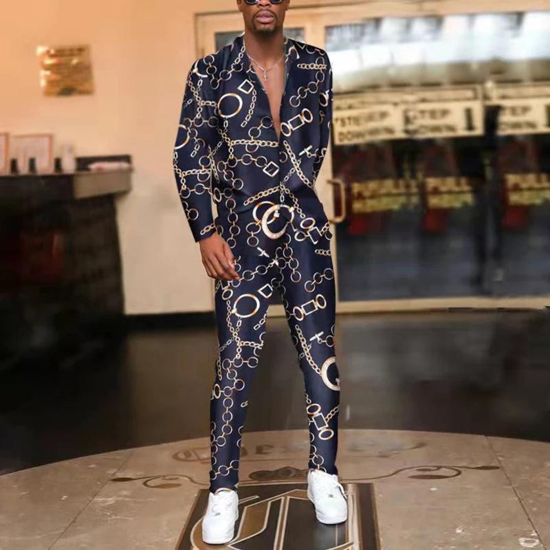 Men's Floral/Baroque Print Streetwear Long Sleeve Dress Shirt + Pants Matching 2-Piece Set to 3X Big & Tall