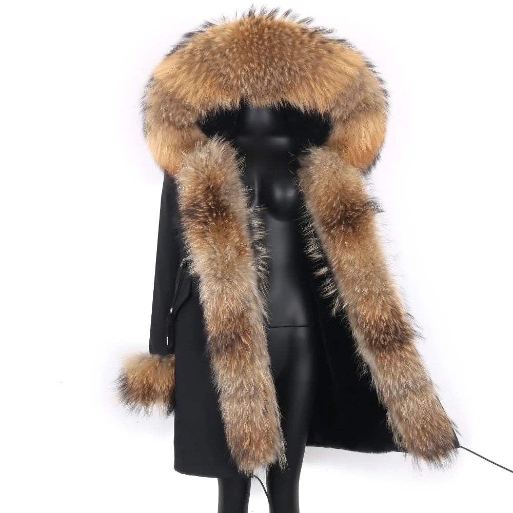 Colorblock Real Fur Oversized Collar Hip-Hop Design Women's Hooded Full Pelt Trenchcoat