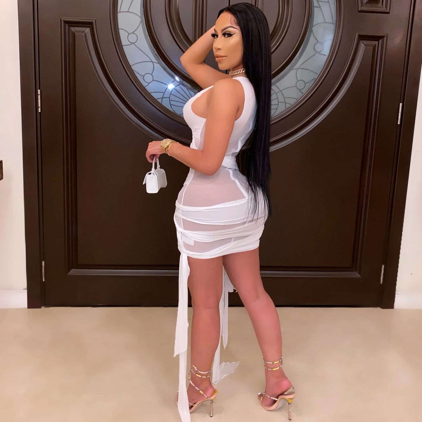 Sleeveless Bandage Criss-Cross Hollow-Out Design Transparent Mesh Mini Club Party/Prom Dress