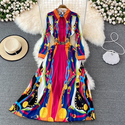 Roman Baroque Lapel Waist Big Swing Seaside Printed Pleated Dress