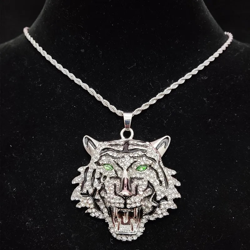 3D Tiger Pendant Crystal Cuban Chain Hip-Hop Iced Out Bling Chain Necklace