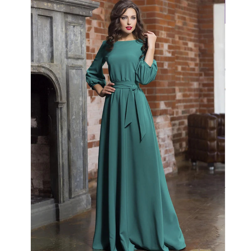 Lantern Vintage Bowtie Maxi Long Sleeve Bandage O-Neck Bohemian Floor-Length Dress