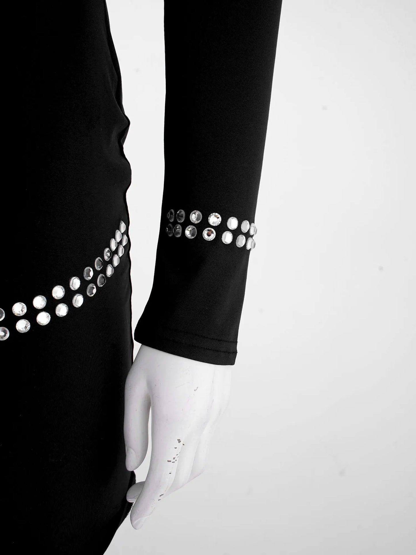 Sparkling Rhinestone Skinny Ladies Solid Round Neck Long Sleeve Bodycon Dress