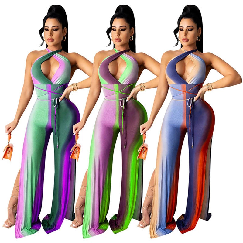 Gradient Deep V-Neck Halter Bandage Double Split Flare Leg Jumpsuit